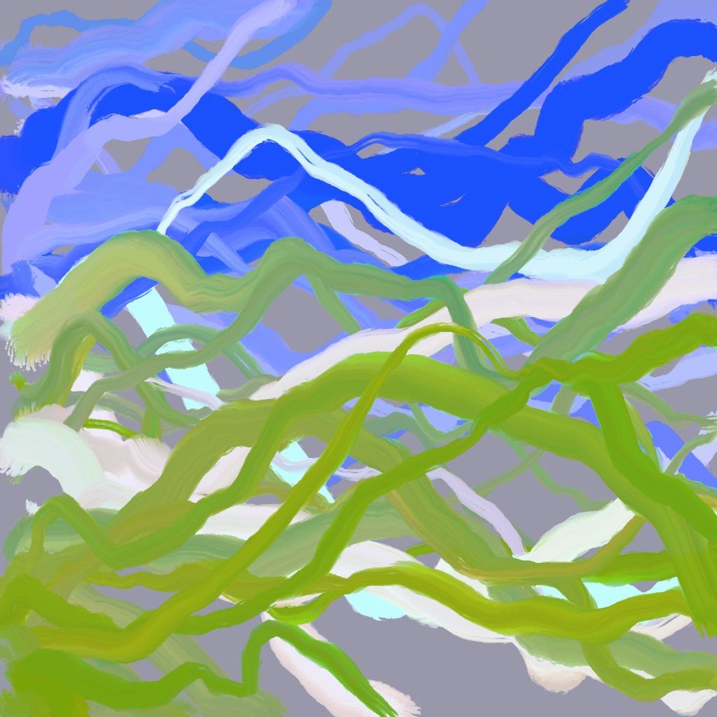 horizontal wandering blue and green brushstrokes