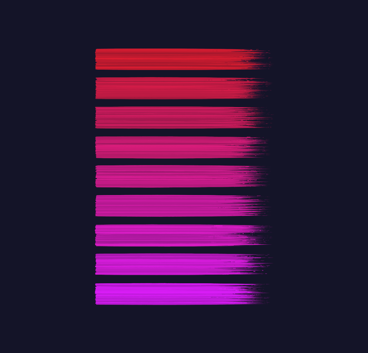 Nine individual horizontal brush strokes from red to purple