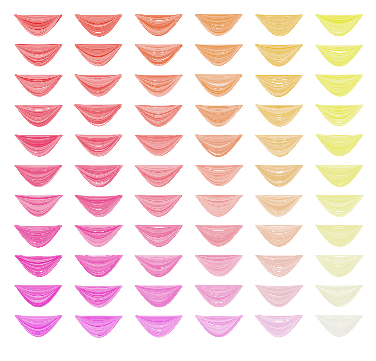 grid of crescent shaped strokes in reds, pinks, and yellows