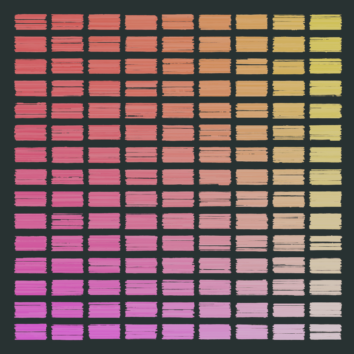 Gradient grid of brush strokes. Red, magenta, and yellow, on a black background