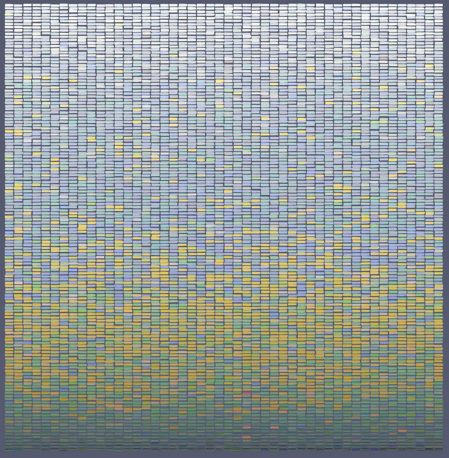brushtrokes arranged in a grid in descending brightness, from white to pale blue and teal, to light yellow, green and dark blue