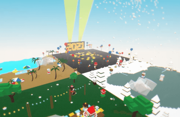 Holiday themed 3D environment with snowfall and a new years dance party