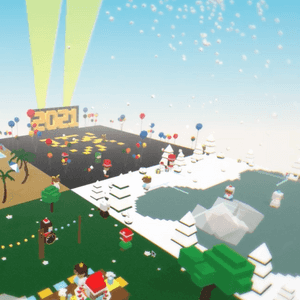 Holiday themed 3D environment with snowfall and a new years dance party